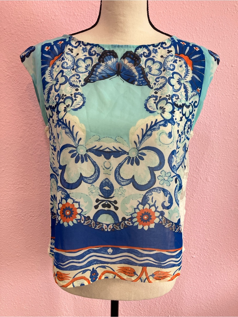 FARM Rio Aqua Blue Butterfly & Floral Sleeveless Blouse Size S